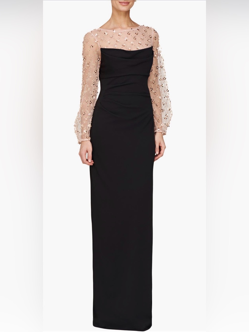 JS Collections Risha Metallic Floral Appliqué /
Sleeve Crepe Column Gown -size 4